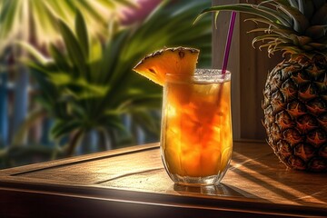 organic cocktail with pineapple ananas slice and ice in glass, elegant fancy island environment, crafted tropical drink, generative ai