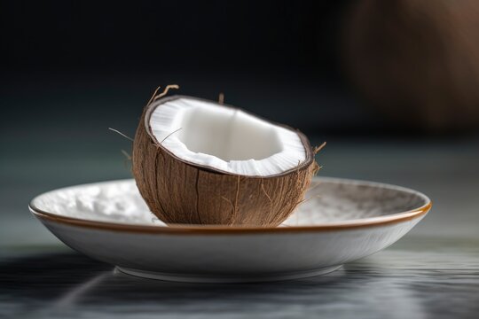 organic coconut half open on plate, elegant fancy dark environment, crafted tropical drink, generative ai