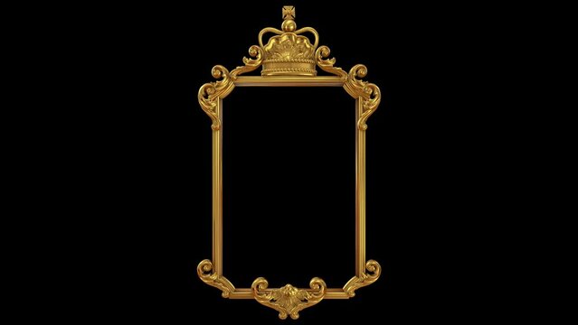 Gold antique vertical rectangle frame. The King’s Coronation 3D animation, with St’s Edward’s Crown elements on top. Royal background loop with copy space with alpha matte.