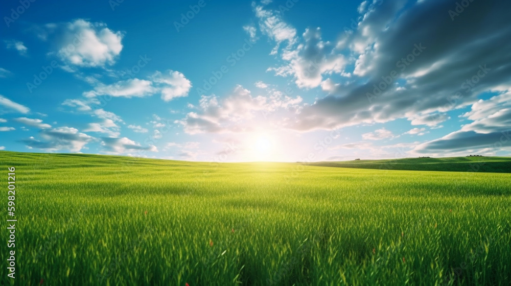 Wall mural land scape image of extensive lawn and blue sky, white clouds and the sun on the horizon. generative