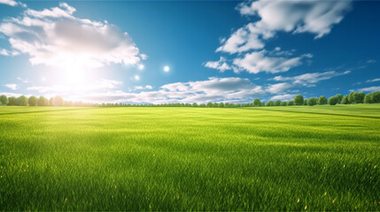 Fototapeta na wymiar Land scape image of Extensive lawn and blue sky, white clouds and the sun on the horizon. Generative Ai