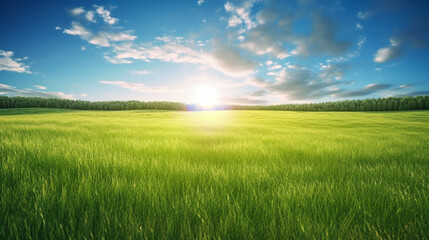 Obraz premium Land scape image of Extensive lawn and blue sky, white clouds and the sun on the horizon. Generative Ai