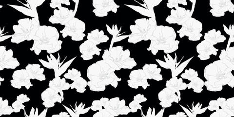 black and white floral design. tropical flowers style for fabric, dress, textile. Seamless repeat vector pattern