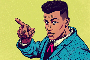 young man points fingers. African American people. Pop art retro vector illustration kitsch vintage drawing