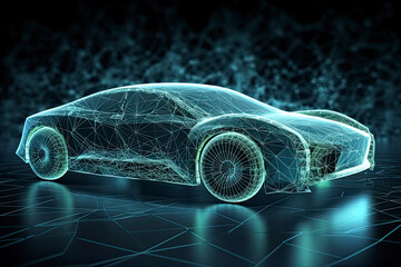 Naklejka premium Augmented reality of wireframe car concept on the road and futuristic city on the background. Professional 3d rendering