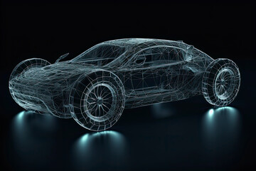Naklejka premium Augmented reality of wireframe car concept on the road and futuristic city on the background. Professional 3d rendering