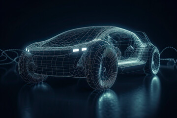 Naklejka premium Augmented reality of wireframe car concept on the road and futuristic city on the background. Professional 3d rendering