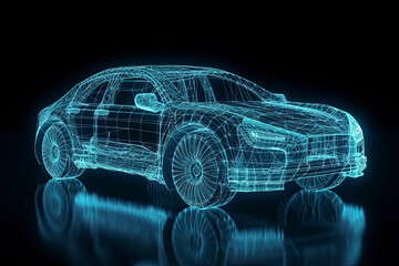 Naklejka premium Augmented reality of wireframe car concept on the road and futuristic city on the background. Professional 3d rendering