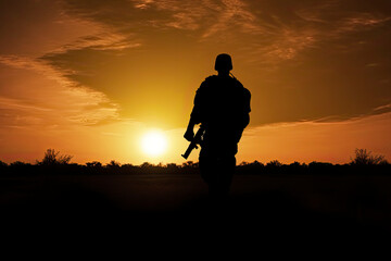Fototapeta na wymiar A black silhouette of an american soldier patrolling the sunset
