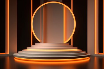 product display platform podium, orange black round leveled  background spot light show case , generative ai