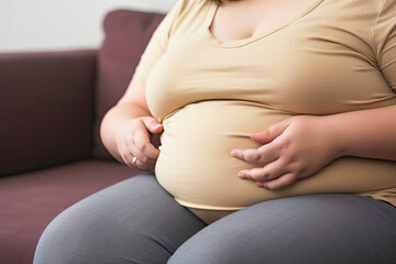 A close up of a woman with obesity that is caused by unhealthy food