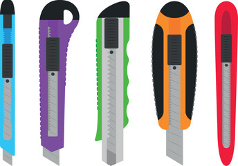 Set of colored office knives in a cartoon style. Vector illustration of office supplies, a variety of office knives with a narrow and wide blade isolated on a white background. Paper cutting.