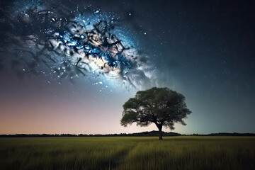 Fototapeta na wymiar A single tree in a field with beautiful space background
