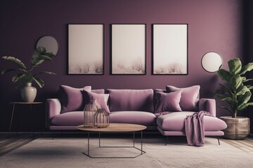 Purple Living Room Interior - Cozy and Sophisticated Space Created with Generative AI