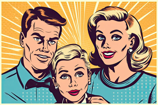 announcement advertising. family dad mom son. Pop art retro vector Illustrator vintage kitsch drawing