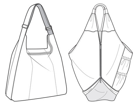 Hobo bag flat sketch fashion illustration drawing template mock up, Shoulder bag cad drawing. Carry bag flat sketch vector