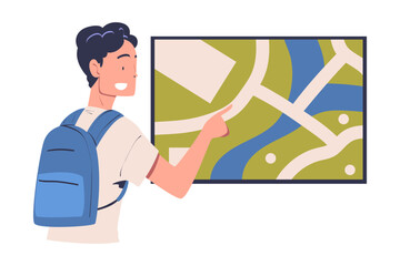 Man Character with Backpack Using Information Board with Interactive Interface Vector Illustration