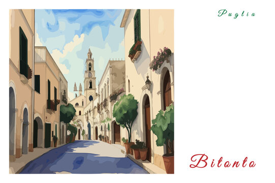 Bitonto: Poster with the name of the Italian city Bitonto and a water color illustration