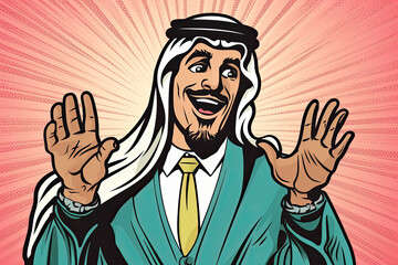 Arab businessman OK gesture, comic book bubble. Pop art retro