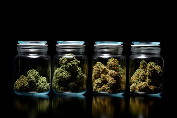 Assorted cannabis bud strains and glass jars isolated on black background