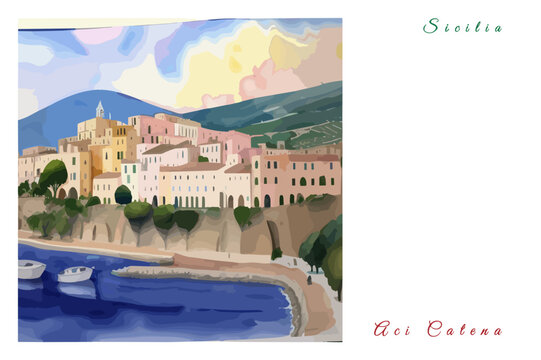 Aci Catena: Poster with the name of the Italian city Aci Catena and a water color illustration