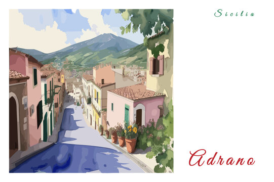 Adrano: Poster with the name of the Italian city Adrano and a water color illustration