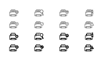 Vector set of printer icon with magnifying icon, add icon, cross icon, alert icon, wifi icon, USB icon in outlined and flat style in black color for website and mobile UI. 