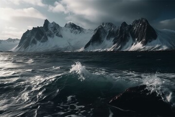 Stunning ocean scenery with snow-covered peaks in the distance. Generative AI