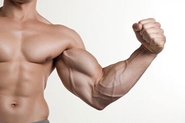 Body builder flexing his biceps (internal side) on white background - obrazy, fototapety, plakaty