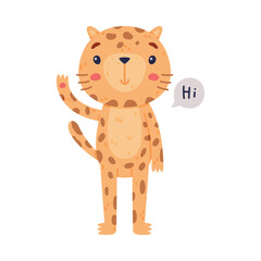 Fototapeta premium Cute Little Jaguar with Spotted Fur Greeting Saying Hi Vector Illustration