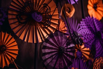 Halloween paper fans in black, orange, and purple. Spooky and colorful. Layered background with cobweb and spider. Generative AI