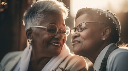 Old women lesbian couple. marrage Black and Caucasian female bride in love. LGBT pride month celebration generative ai