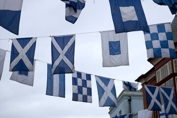 Padstow Cornwall UK 04 30 2023 May Day flags and pennants