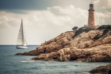 A lighthouse, sailboat, and cliffs on the shore of the Mediterranean in Torredembarra, Tarragona, Catalonia, Spain. Generative AI - obrazy, fototapety, plakaty