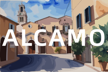 Alcamo: Beautiful painting of an Italian village with the name Alcamo in Sicilia