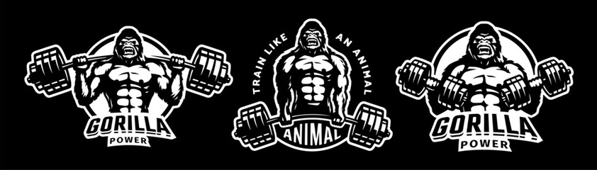 Set of emblems, gorilla bodybuilder. Fitness and bodybuilding logos on a dark background. Vector illustration.