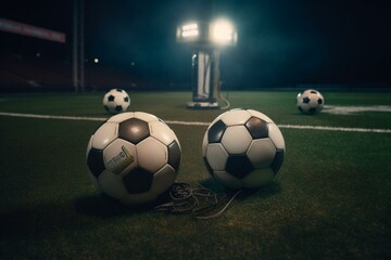 Three footballs on a field with spotlights in a stadium. Generative AI