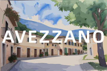 Avezzano: Beautiful painting of an Italian village with the name Avezzano in Abruzzo