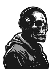 Skull in headphones. T-shirt print design. Vector illustration.