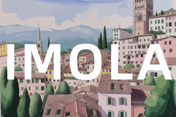 Imola: Beautiful painting of an Italian village with the name Imola in Emilia-Romagna