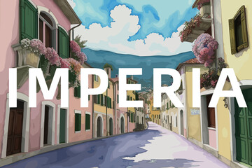 Imperia: Beautiful painting of an Italian village with the name Imperia in Liguria