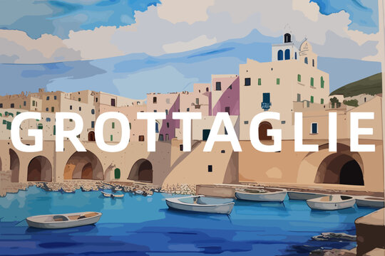 Grottaglie: Beautiful painting of an Italian village with the name Grottaglie in Puglia