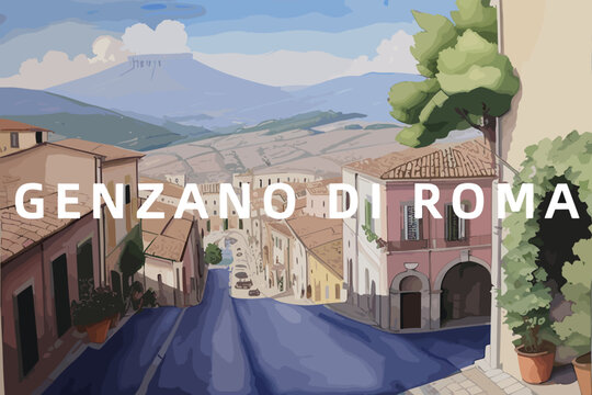 Genzano di Roma: Beautiful painting of an Italian village with the name Genzano di Roma in Lazio