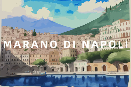 Marano di Napoli: Beautiful painting of an Italian village with the name Marano di Napoli in Campania