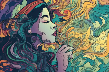 Colourful psychedelic line art with the abstract smoking woman. Cigarette - obrazy, fototapety, plakaty