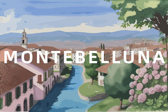 Montebelluna: Beautiful painting of an Italian village with the name Montebelluna in Veneto