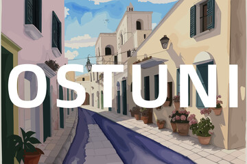 Ostuni: Beautiful painting of an Italian village with the name Ostuni in Puglia