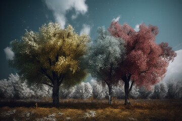 Seasonal trees in spring, summer, autumn and winter. Generative AI