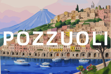 Pozzuoli: Beautiful painting of an Italian village with the name Pozzuoli in Campania - obrazy, fototapety, plakaty