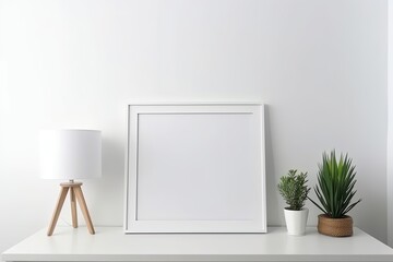 Blank horizontal poster frame mock up in minimal white style living room interior, modern living room interior background, Ai generative.